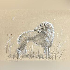 Original Borzoi Dog Painting Charcoal White Pastel russian animal Art artettina